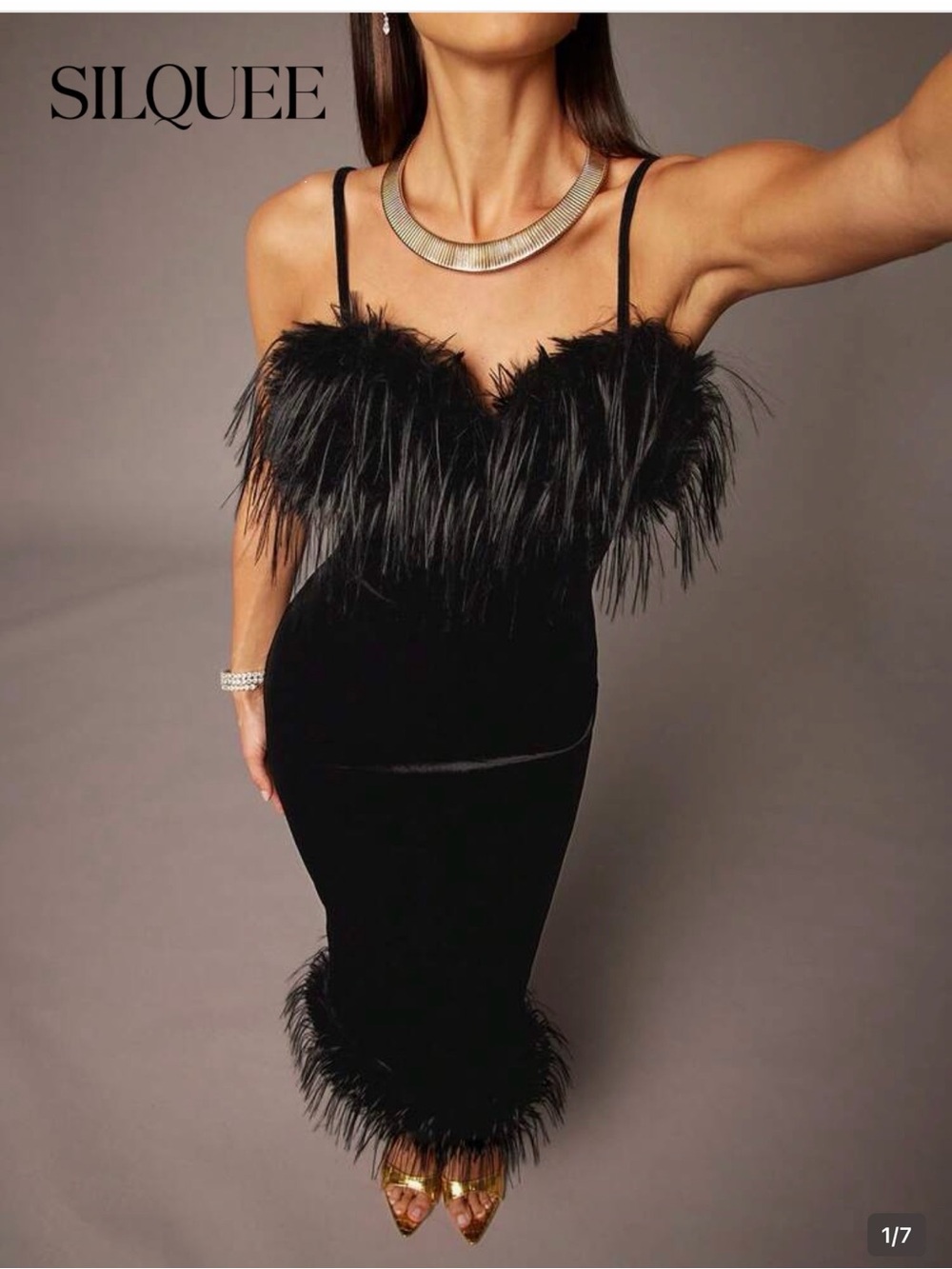 Black Velvet Slip Dress w/Feathers & Matching Clutch Purse. SHEIN Silquee Small